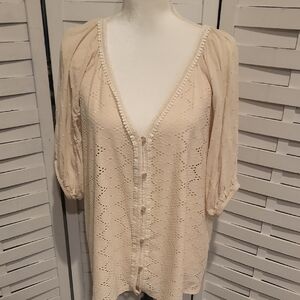 Emi & Joe Cream Colored Boho Eyelet Puffy Sleeve Top Size 1X‎